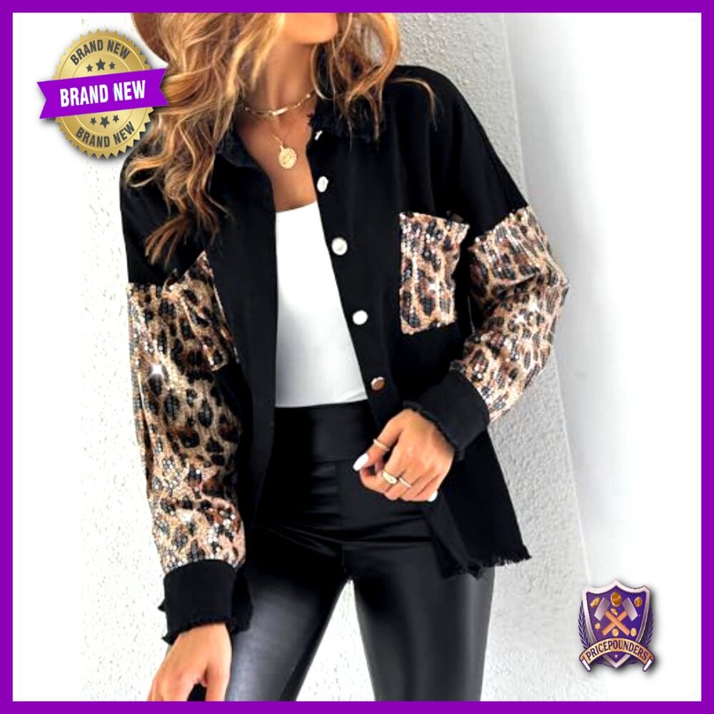 Oversized Denim Shacket Sequin Patchwork Long Sle… - image 3